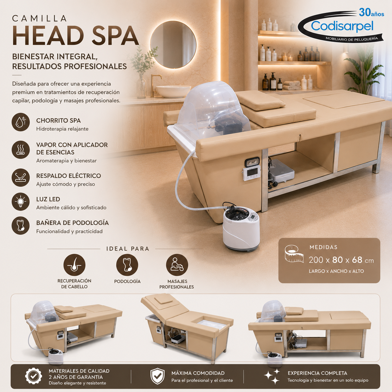 Camilla Head Spa Beis con Vapor, Respaldo Eléctrico y Baño de Pies – Equipo Profesional Multifunción