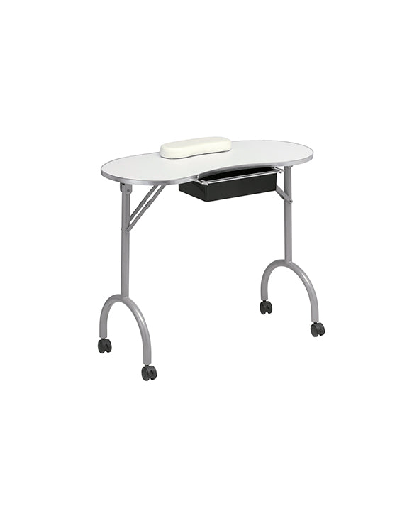 Mesa de manicure dobrável com rodas, gaveta e almofada para apoio de mãos