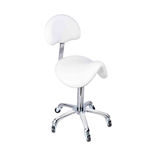 Taburete Selkis Blanco con Respaldo – Ergonómico y Ajustable para Peluquería y Estética