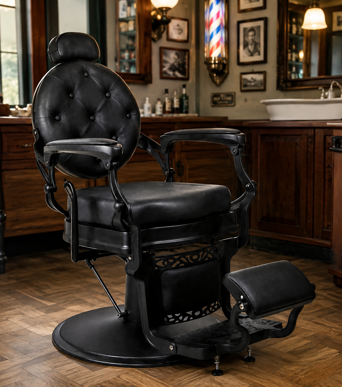 Sillón de Barbero Caballero Vulcano Vintage Negro – Reclinable con Base Hidráulica