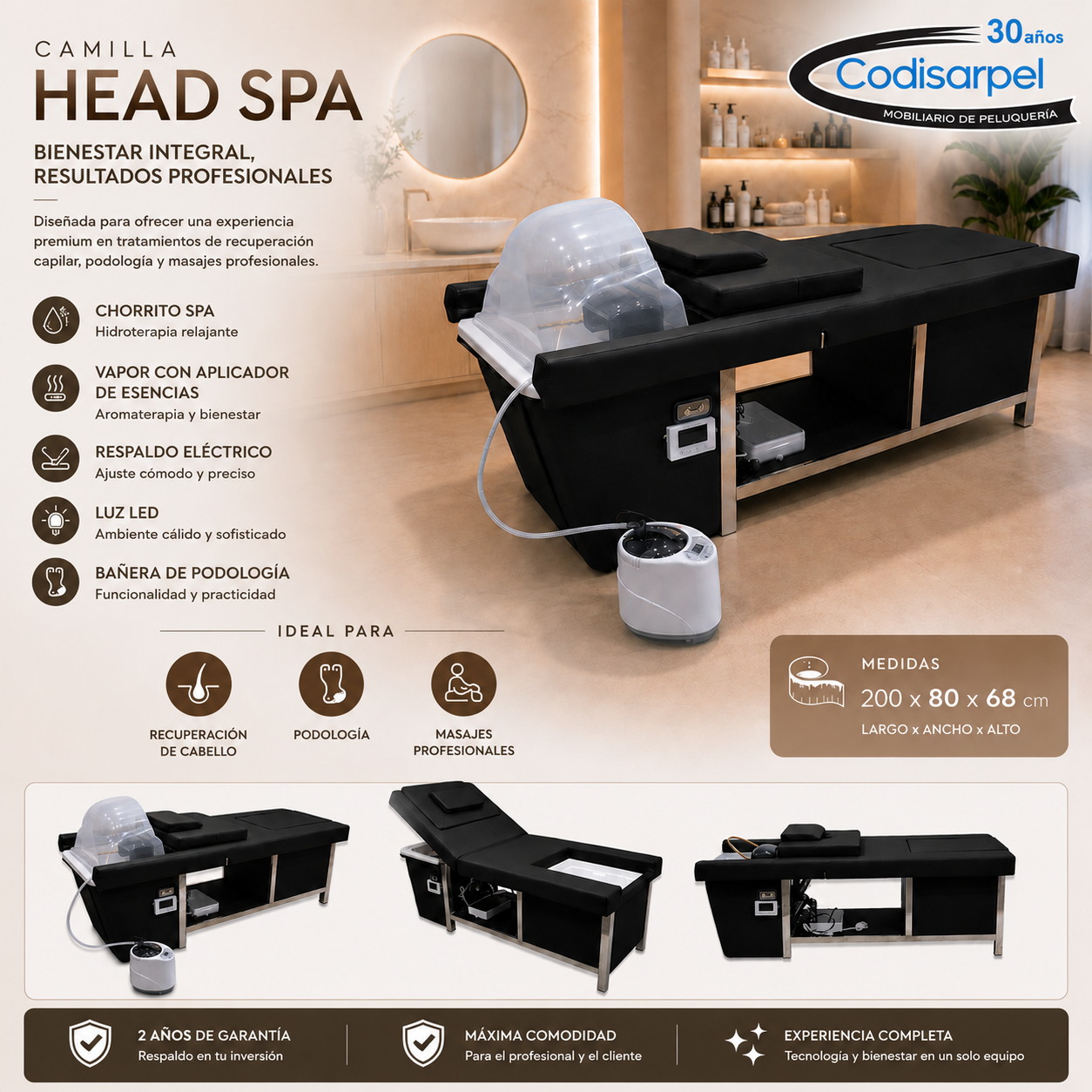 Camilla Head Spa Negro con Vapor, Respaldo Eléctrico y Baño de Pies – Equipo Profesional Multifunción