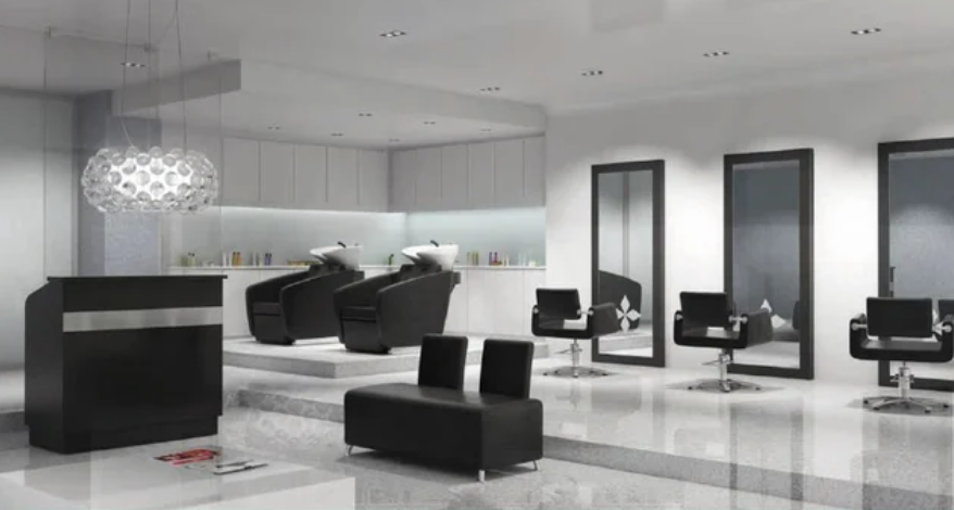 Pack Completo de Peluquería – Sillas Camelia + Lavacabezas Sanabria + Tocadores Selene + Recepción Hawai + Silla de Espera Aurora en salón moderno.