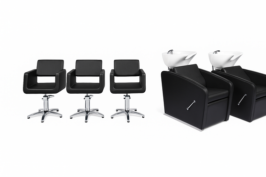 Pack Salon de Coiffure Camelia &amp; Gredos – 3 Chaises + 2 Bacs à Shampoing