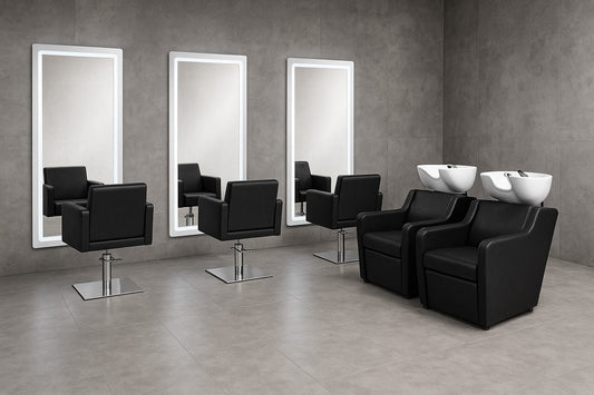 Pack salon de coiffure Amanda : 3 meubles vasques LED argentés + 3 chaises Amanda + 2 bacs à shampoing Constanza