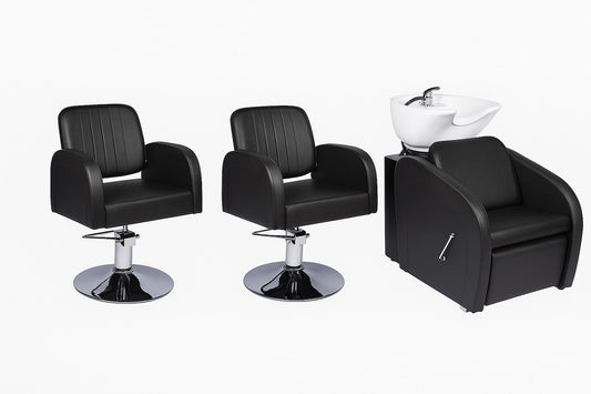 Pack Salon de Coiffure LUNA + GUADALEST (2 Chaises + 1 Bac à Shampoing)