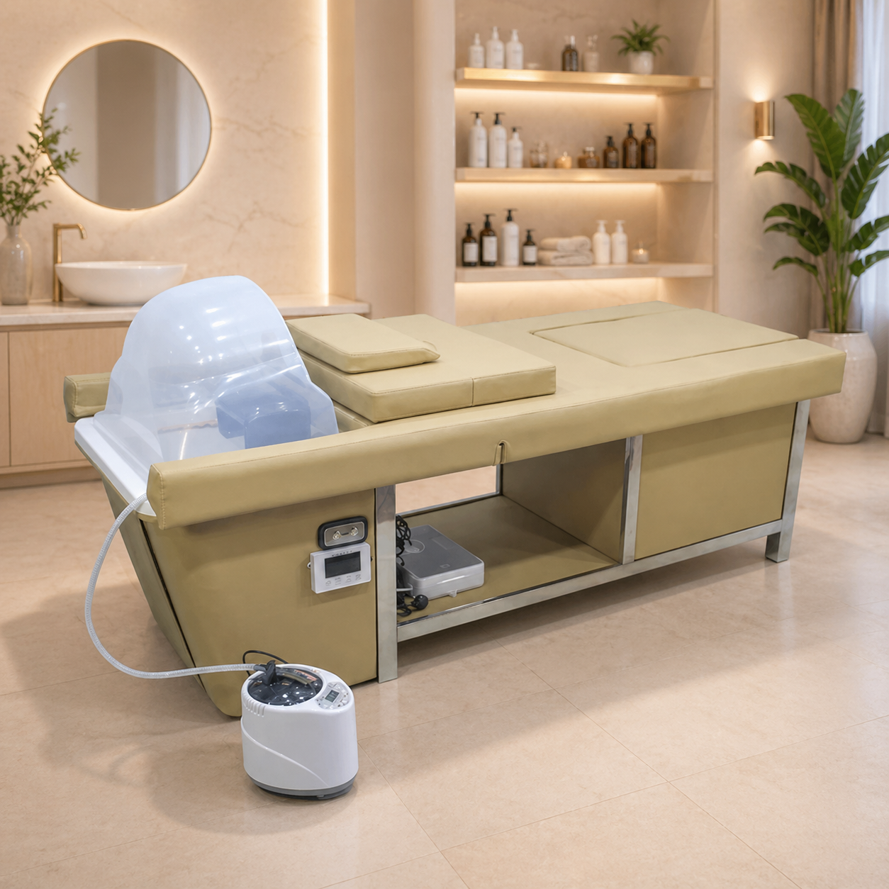 Camilla Head Spa Beis con Vapor, Respaldo Eléctrico y Baño de Pies – Equipo Profesional Multifunción