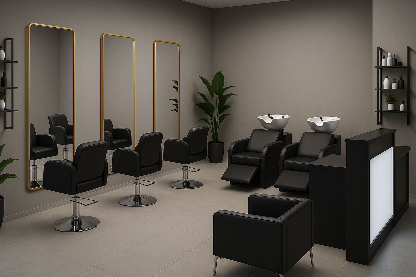 Pacote completo de salão de cabeleireiro GOLD – 3 toucadores + 3 cadeiras + 2 lavatórios + receção + sala de espera