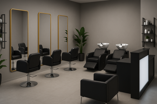 Forfait Salon de Coiffure OR Complet – 3 Coiffeuses + 3 Chaises + 2 Bacs à Shampoing + Réception + Salle d'Attente