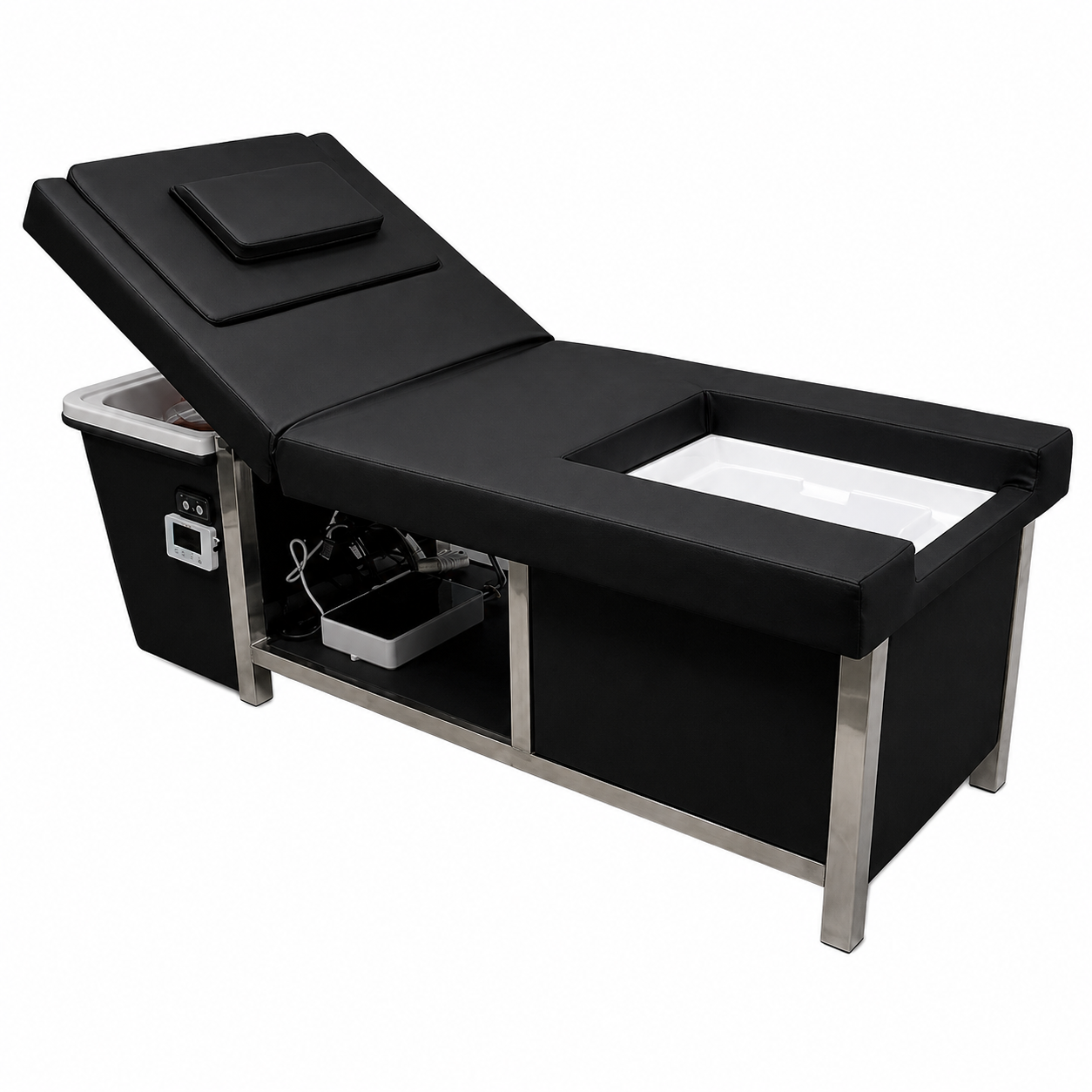 Camilla Head Spa Negro con Vapor, Respaldo Eléctrico y Baño de Pies – Equipo Profesional Multifunción