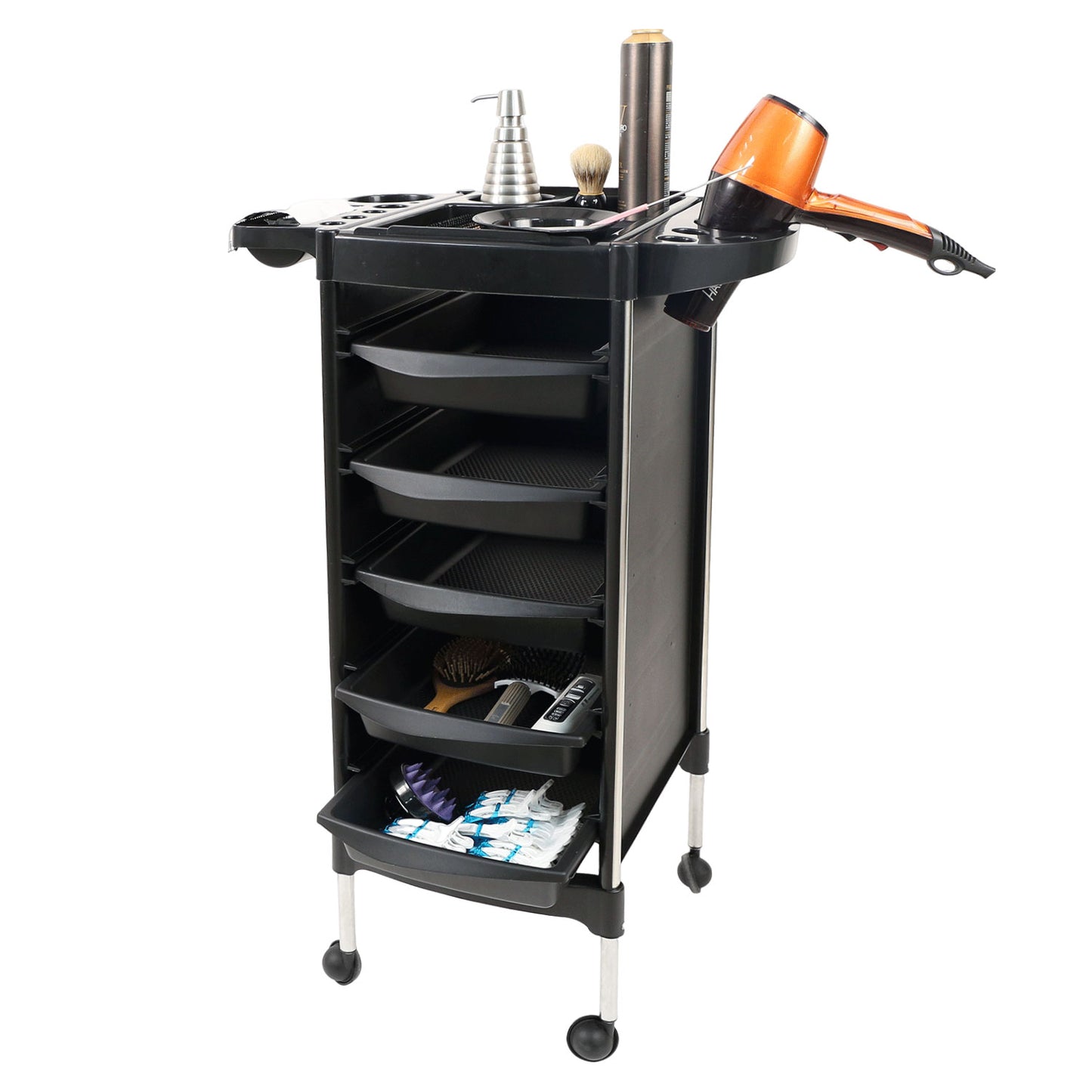 Chariot auxiliaire noir tendance avec cadre chromé et 5 plateaux