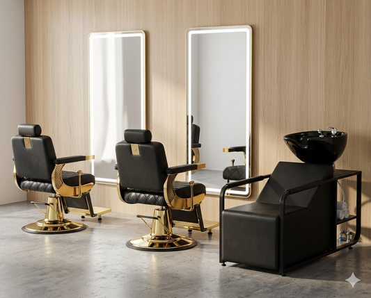 Pack Barbería Gold: 2 Sillones Barbero Eros Black + 2 Espejos LED Gold + 1 Lavacabezas Borneo