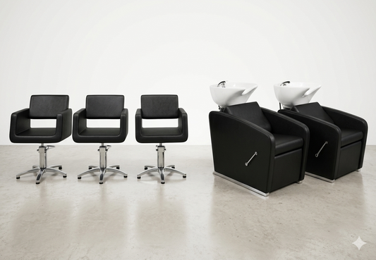 Pack Salon de Coiffure Camelia &amp; Gredos – 3 Chaises + 2 Bacs à Shampoing