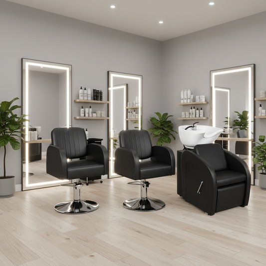 Pack Salon de Coiffure LUNA + GUADALEST (2 Chaises + 1 Bac à Shampoing)
