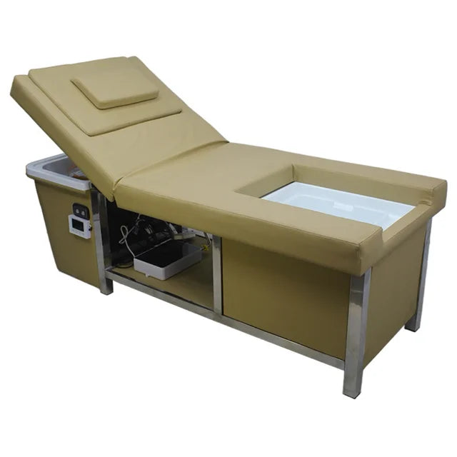 Camilla Head Spa Beis con Vapor, Respaldo Eléctrico y Baño de Pies – Equipo Profesional Multifunción