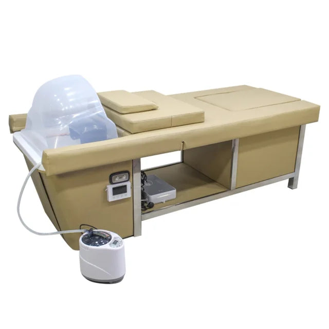 Camilla Head Spa Beis con Vapor, Respaldo Eléctrico y Baño de Pies – Equipo Profesional Multifunción