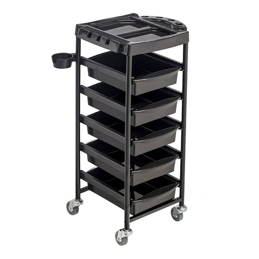 Carrinho de cabeleireiro clássico – 5 tabuleiros amovíveis e suporte para secador de cabelo (preto)