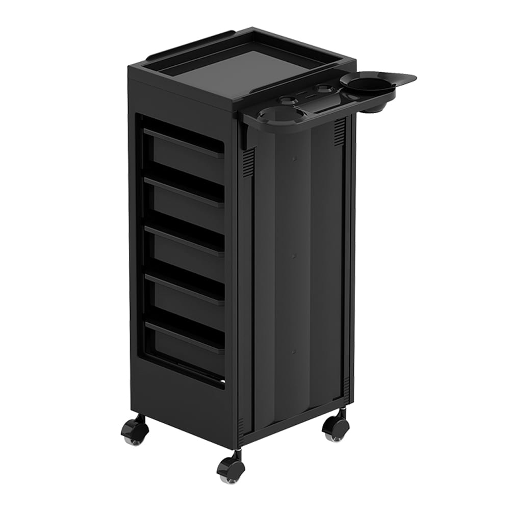 Chariot utilitaire noir avec plateaux amovibles et support latéral